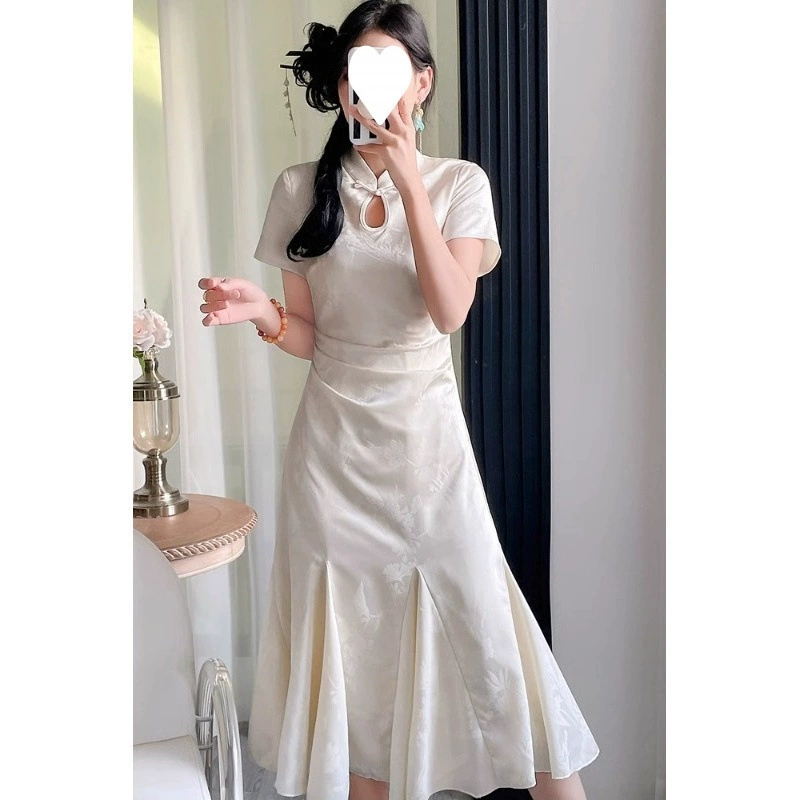 Новое жаккардовое платье «рыбий хвост» в китайском стиле для женщин, летнее элегантное, утягивающее талию, миниатюрное трапециевидное платье-чонсам.