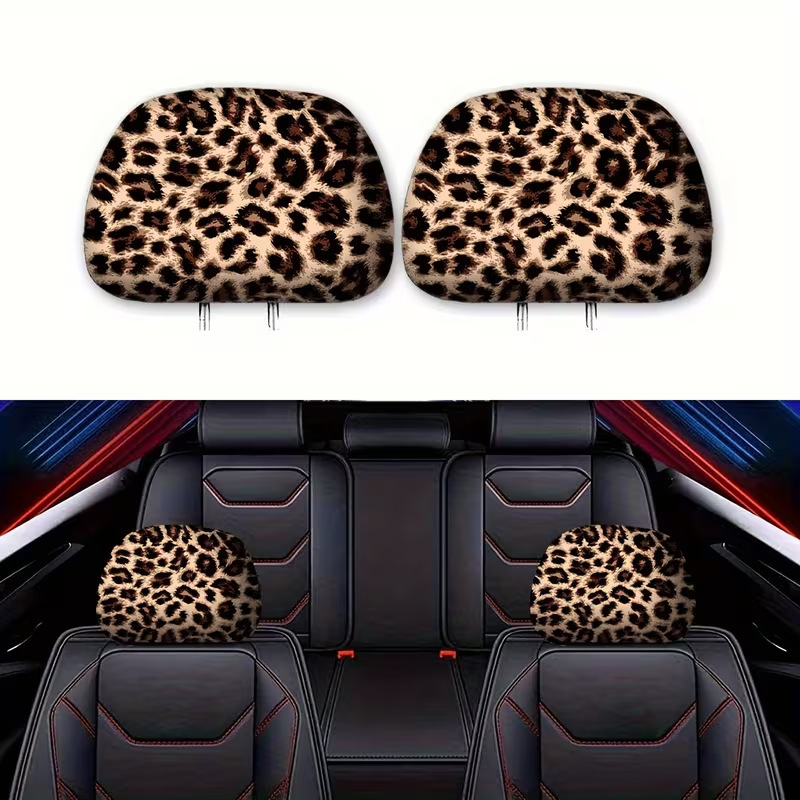Temu Leopard Print Series Printed Pattern Car Headrest Protector Cover Fashionable Car Interior Decoration Car Pillow Cover