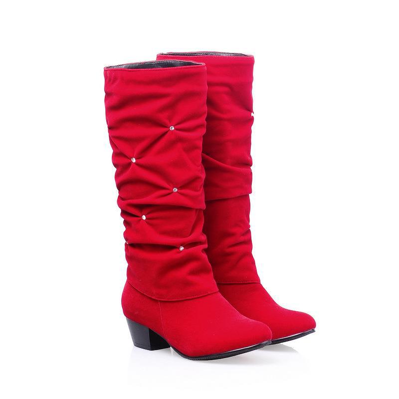 秋冬款时尚简约百搭中筒靴骑士靴大码水钻套筒方跟中跟女靴及外贸