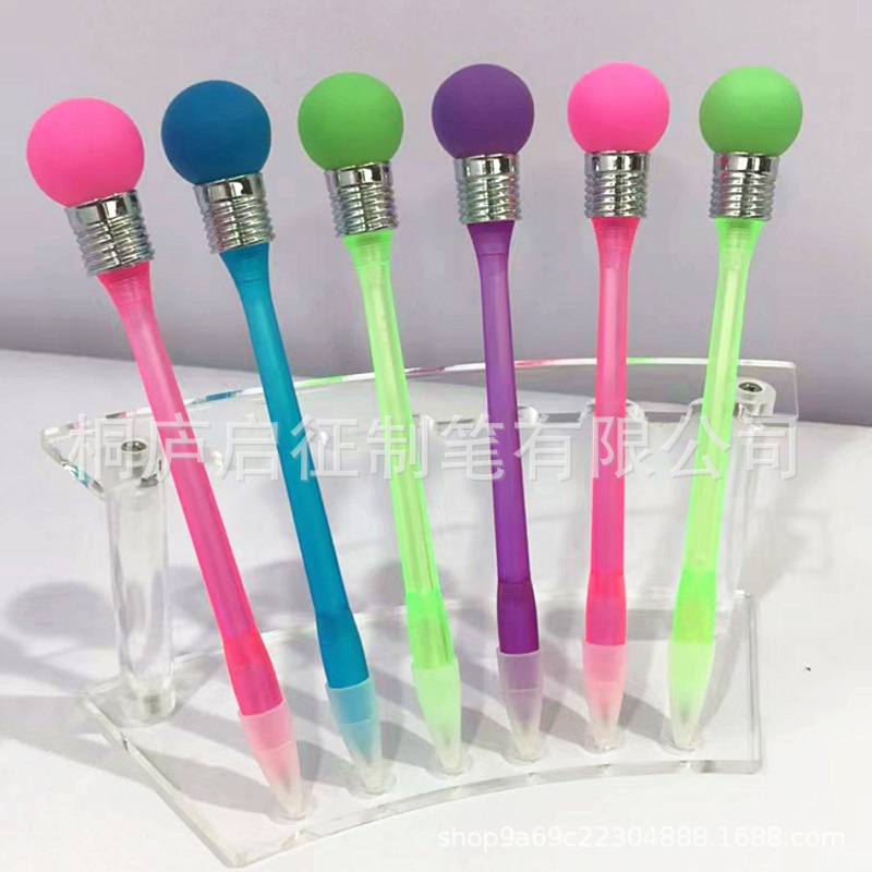 供应圆球公仔LED灯笔敲击发光发亮广告透明杆擦毛圆珠笔印刷logo