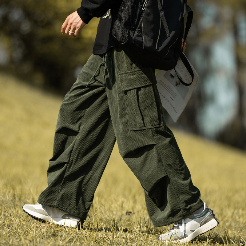 Corduroy Pants Men Cityboy Couple Casual Army Green Cargo Pants Trendy Brand Autumn Winter Straight Wide-Leg Trousers