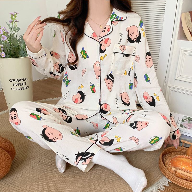 Nuevo conjunto de pijamas de algodón nublado transfronterizo de manga larga delgada primavera y otoño de mujeres lindos pantalones de dibujos animados dulces ropa para el hogar
