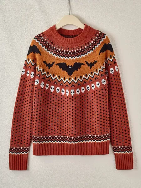 Bat Pattern Crewneck Fair Isle Sweater Halloween Long Shoulder Sleeve Sweater for Fall and Winter
