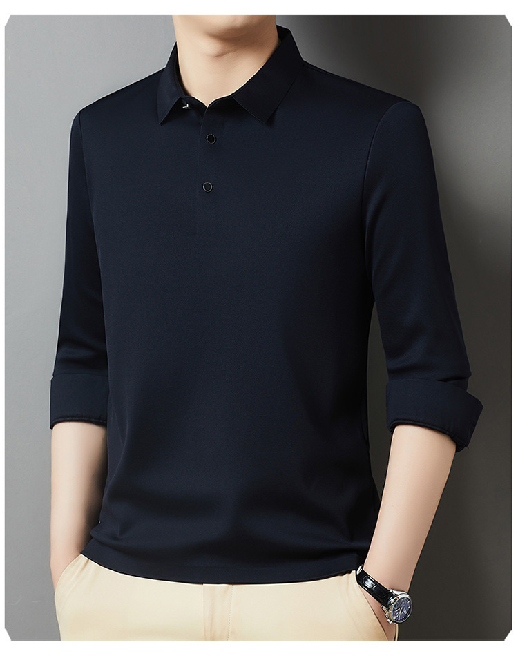 T-shirt a maniche lunghe da uomo in peluche spesso 2024 Autunno / inverno Nuova camicia di base in tinta unita con risvolto business di mezza età_voghion.com