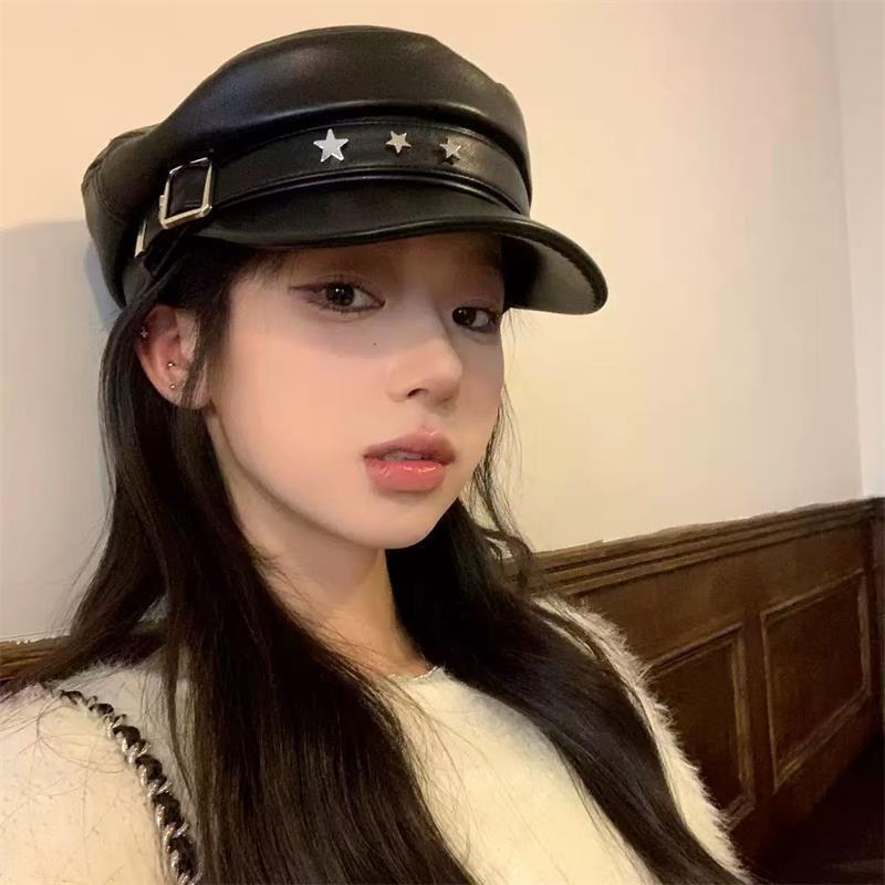 Autumn and Winter Pu Leather Flat-Top Trendy Versatile Star Beret Stylish Personality Octagonal Hat Retro Artist Hat for Women