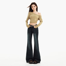 美式复古中高腰喇叭裤修身显瘦秋冬猫纹垂感百搭牛仔裤女秋冬长裤