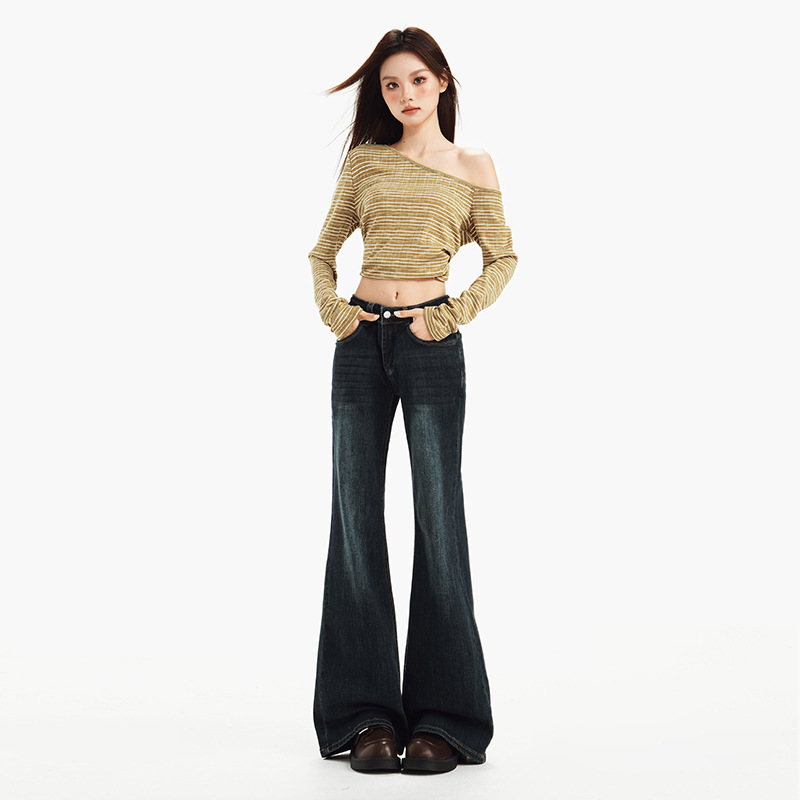 美式复古中高腰喇叭裤修身显瘦秋冬猫纹垂感百搭牛仔裤女秋冬长裤