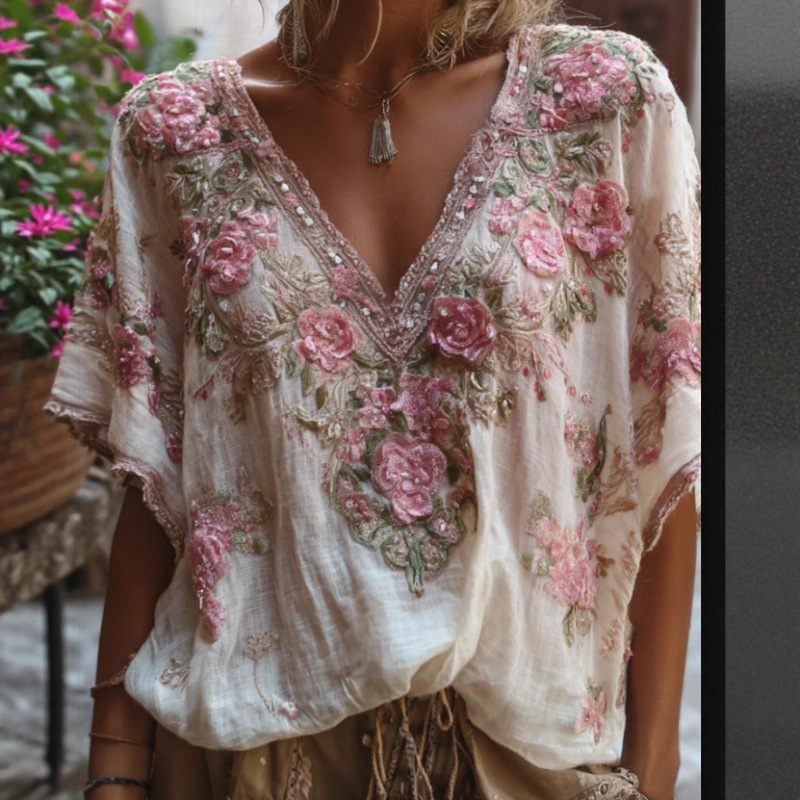 Cross-Border New Casual Floral V-Neck European and American Clothing Amazon Short Sleeves Cross-Border New Casual Floral V-Neck European and American Clothing Amazon Short Sleeves