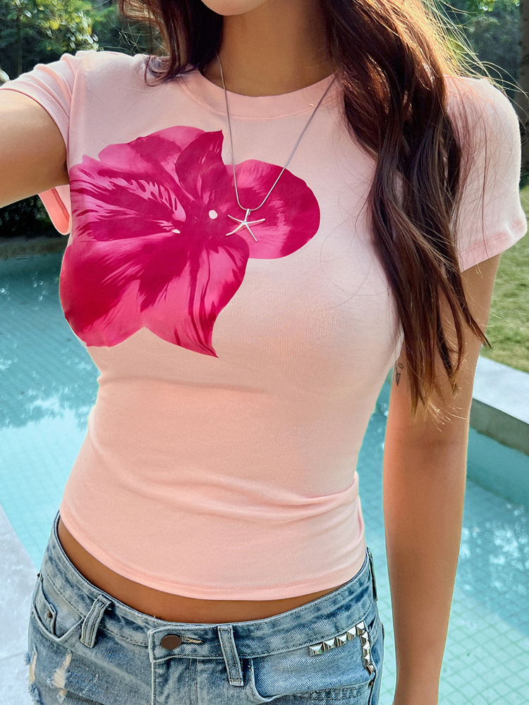 Spring Summer Top Women Casual Slim Fit Waist Floral Printed Short Sleeve T shirt