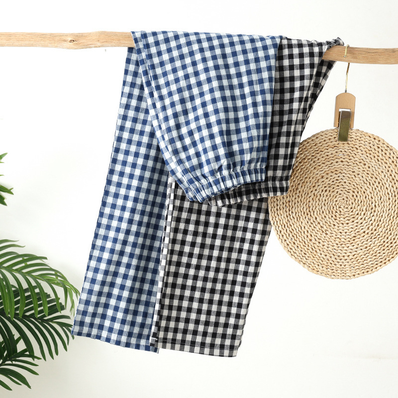 MUINI Japanese Plaid Pajama Pants Men's Washed Cotton Spring and Summer Thin Pure Cotton Straight Outer Wear Comfortable plus size Home Pants