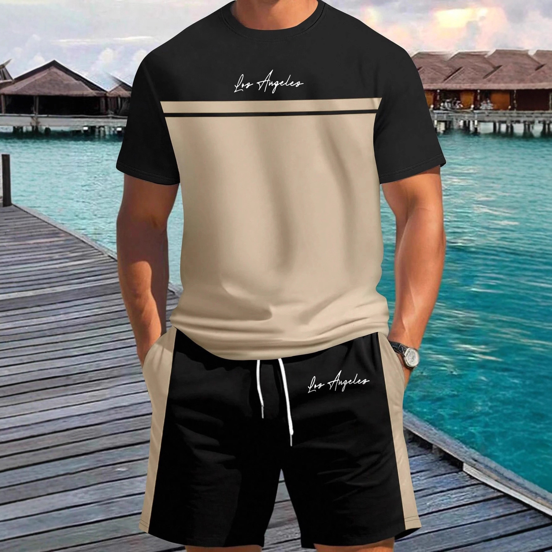 Fashionable Summer New High-Quality Men's Casual Outdoor Sports Gradient Pattern Printed Short-Sleeved Shorts Two-Piece Set