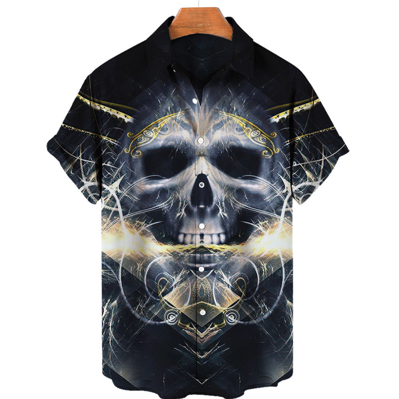 Cross-border new 3D digital printing large skull Hawaiian men's casual short-sleeved shirt factory outlet