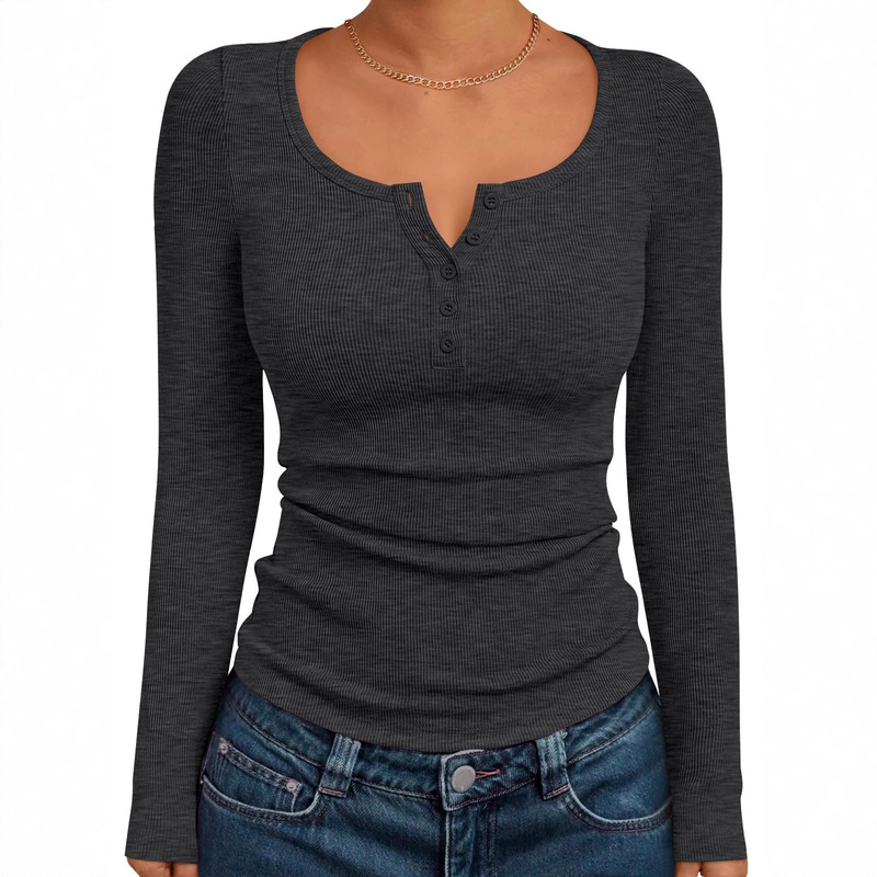 2025 European and American Long-Sleeved Women's Clothing Autumn and Winter Style Amazon Pure Color Button V-Neck Long-Sleeved T-Shirt Women's Top Ribbed Knit 2025 European and American Long-Sleeved Women's Clothing Autumn and Winter Style Amazon Pure Color Button V-Neck Long-Sleeved T-Shirt Women's Top Ribbed Knit
