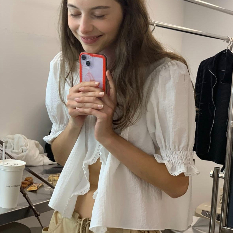 Pre-Sale 2026 Summer New Dongdaemun R*Ibbonbit Cotton Lace Ruffle Collar Puff Sleeve Mori-Style Top