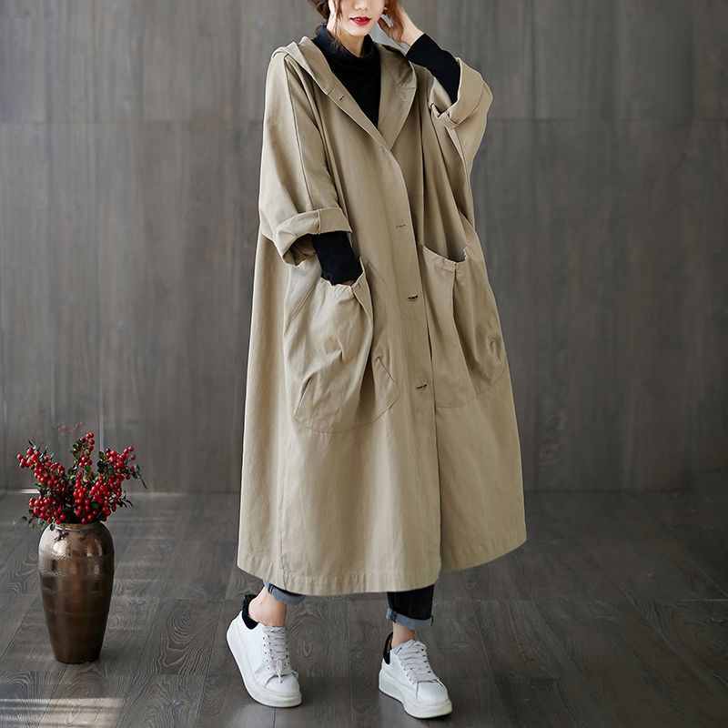 Korean Foreign Trade Plus-Size Women's Clothing Wholesale Spring and Autumn Artistic Loose Over-The-Knee Large Pocket Thin Trench Coat Jacket for Women