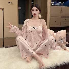 法式波点冰丝睡衣女春秋款带胸垫性感家居服套装纯欲三件套居家服