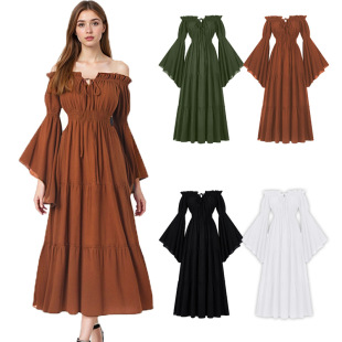 Cross-border New Amazon AliExpress One-word Collar Open-shoulder Ruffled Long-sleeved Renaissance Long Dress
