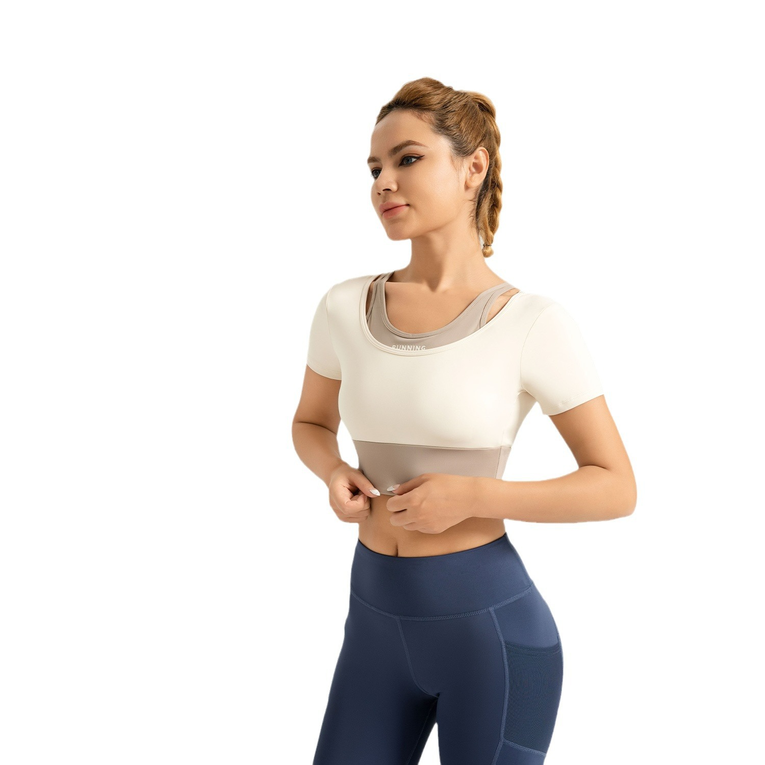 Área transfronteriza, doble pieza de yoga de manga corta sin bra, camisa deportiva