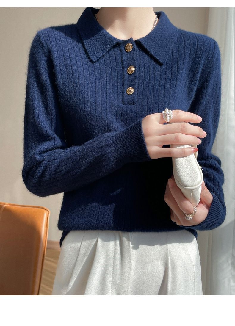 【 Cashmere Family】 Maglione corto in lana con collo polo, stile femminile, con strato interno lavorato a maglia, autunno/inverno_voghion.com