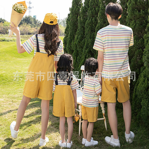 Children's cartoon short-sleeve T-shirt striped parent-child set summer dress mother and daughter overalls set family of four mother and son set trendy