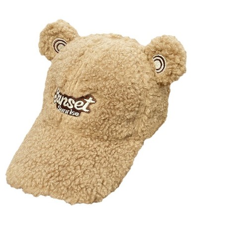 Korean version cute bear ear hat for girls, sheep wool letter embroidery baseball cap, winter warm duckbill hat