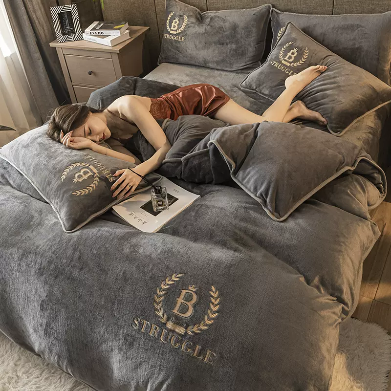 冬季牛奶绒法兰绒珊瑚绒珊加厚双面床单床笠款四件套绒被套批发