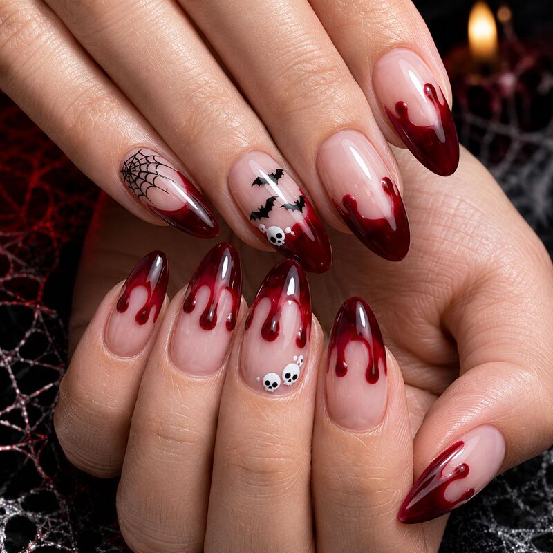 Halloween Red Blood Drop Skull Spider Web Almond-Shaped Press-On Nails 30-Piece Custom Set