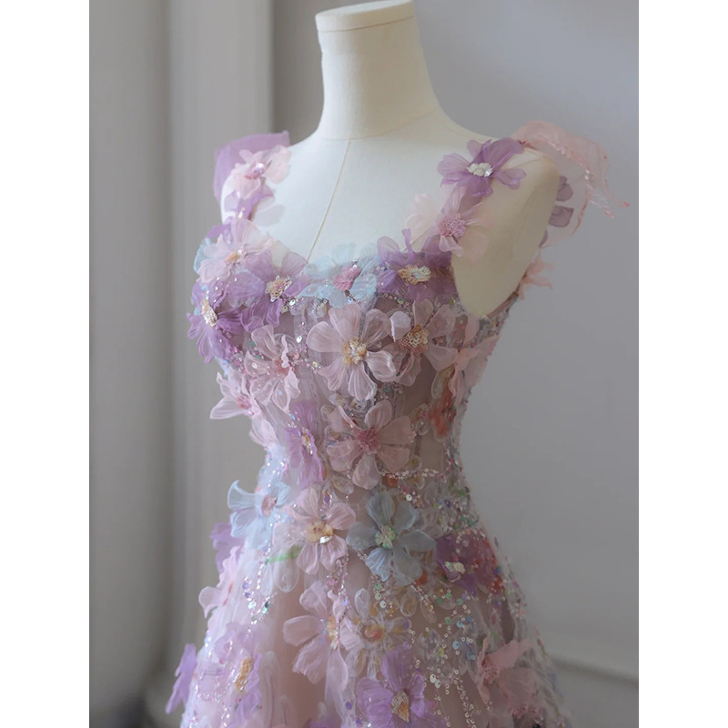 Flores púrpura vestido de brindis 2025 nuevo otoño industria pesada mujer lujoso anfitrión vestido de fiesta de cumpleaños