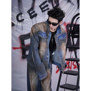 suit American Yellow Mud Denim Coat Men's High-end European and American Street Boys Autumn Retro Old Padded Shoulder Top