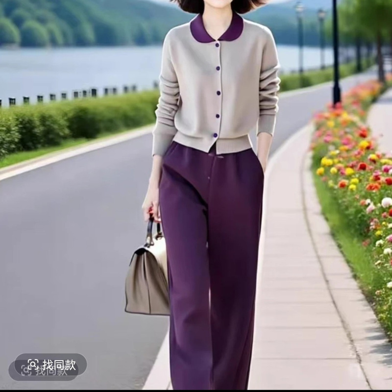 2025秋季新款设计感女装撞色翻领卫衣套装气质裤子两件套|undefined