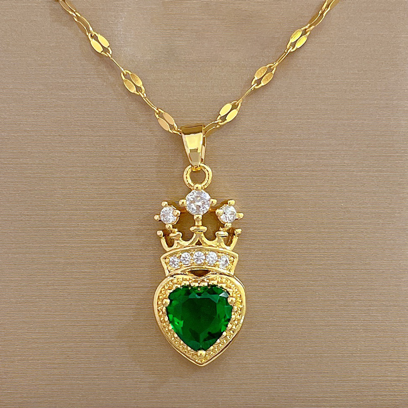 Pendant Necklace Classification 304 Stainless Steel Chain Material 304 Stainless Steel Zircon Heart Shape Crown Elegant Glam Coffee Bean Chain Pendant Necklace For Women'S