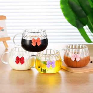 High Borosilicate Single-Layer Glass Cup Transparent Vertical Handle Pumpkin Cup Cute Juice Coffee Cup Butterfly Petal Cup