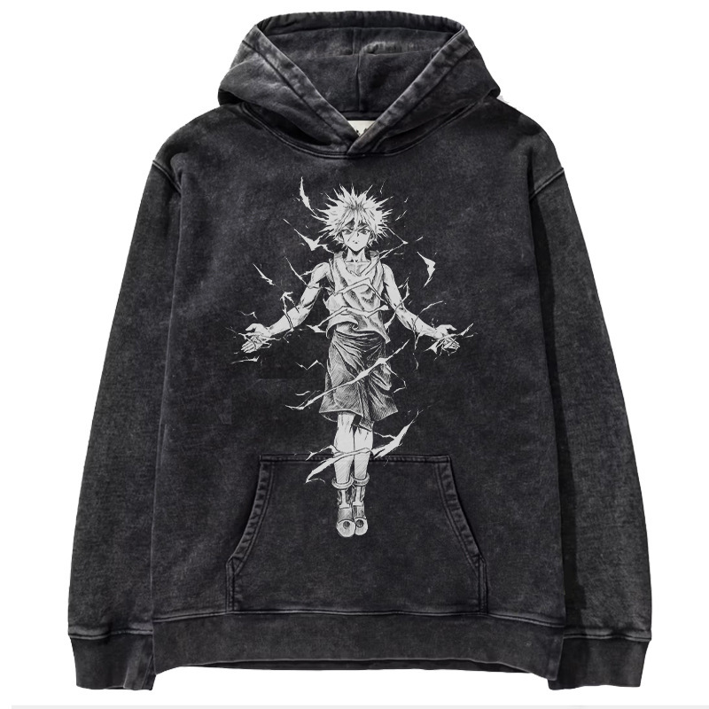 Japanese anime brand warrior sword style legend oversize high street vintage washed batik hooded sweater