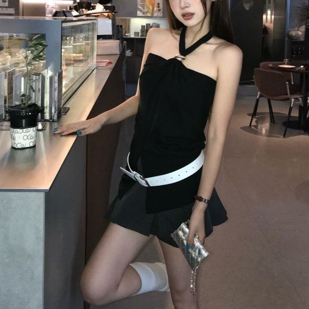 Women's Backless Halter Crop Top - Summer Bodycon Sleeveless Bustier In Black, White, Coffee_ecoleips.com