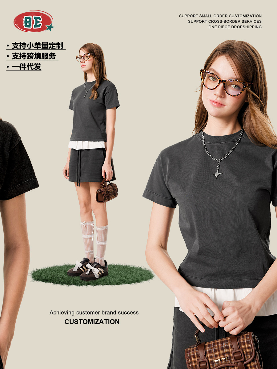 BE ropa de mujer | 2025 verano comercio exterior europeo y americano Milán doble hilo básico industria pesada copo de nieve frito camiseta de color sólido de manga corta mujer image 4