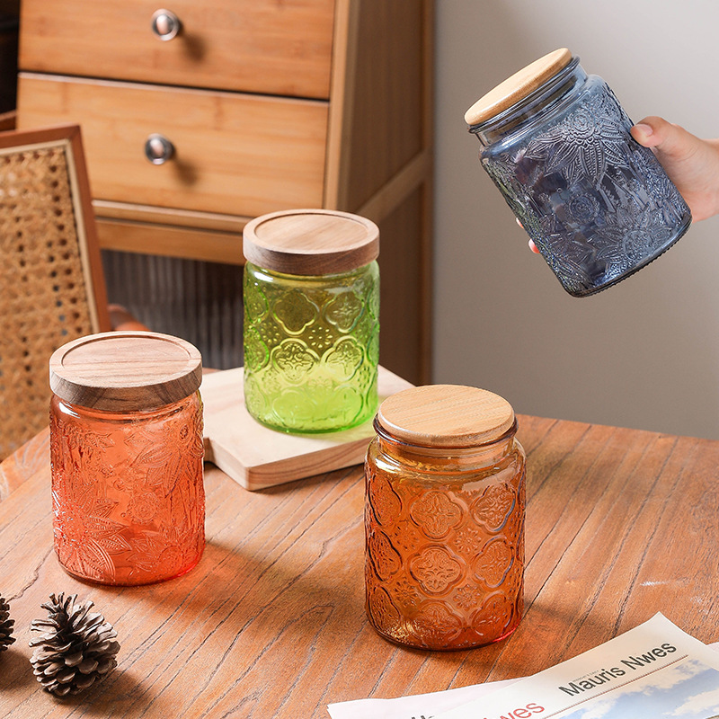 700ml tanque de almacenamiento de vidrio colorido begonia cocina casera granos de café té granos de granos latas de sellado al por mayor