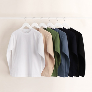 230g Heavy Long Sleeve T-shirt Men's and Women's Pure Cotton Solid Color Spring and Autumn White Inner Base Shirt Crew Neck Loose Top Tide