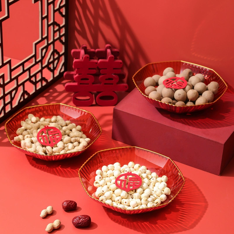 Декоративный поднос для спальни в китайском стиле, пластиковый поднос для фруктов, свадебный красный поднос с цепочкой, поднос для лонганов, поднос «Двойное счастье»