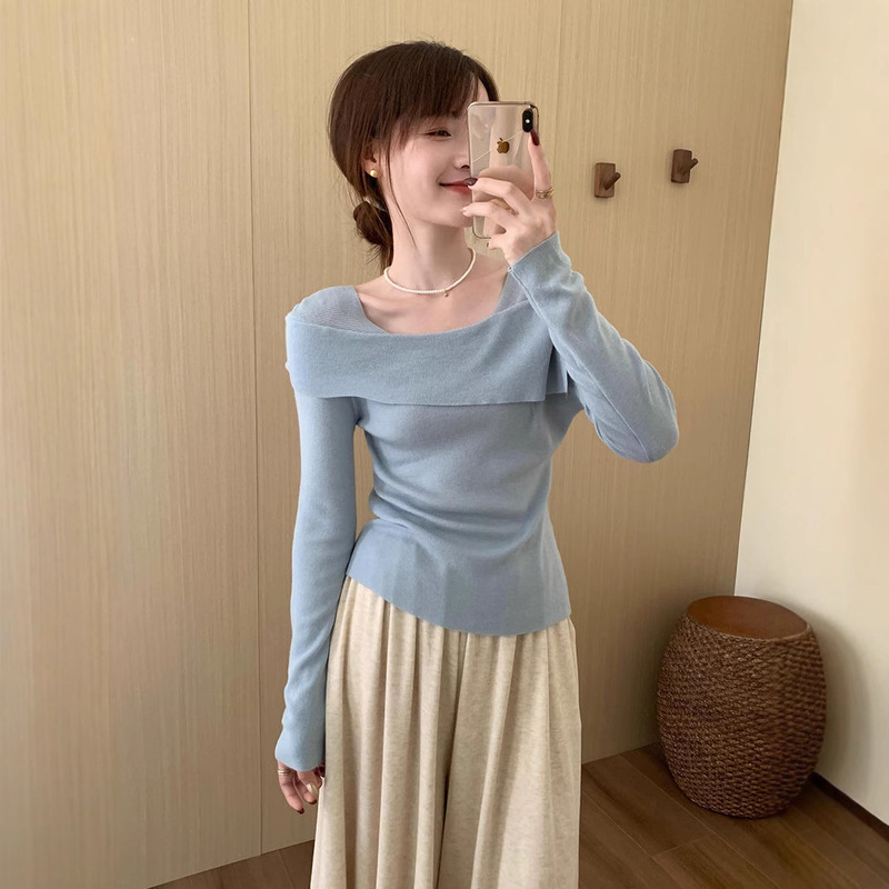 Core-spun Yarn Sweet Elegant off-shoulder Long-sleeved Women's Top Autumn New Korean Style Slim-fit Knitted Sweater