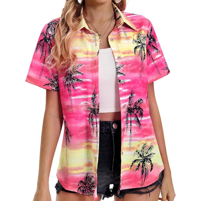 Yellow and Pink Tropical Island Resort Style Women's Short-Sleeved Shirt, Comfortable, Lightweight and Breathable Button Cardigan Customized Yellow and Pink Tropical Island Resort Style Women's Short-Sleeved Shirt, Comfortable, Lightweight and Breathable Button Cardigan Customized