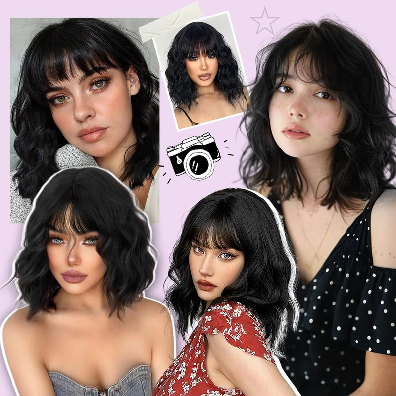 Cross-Border Popular Short Curly Wig, European and American Style, Shoulder-Length Wavy Hair with Air Bangs, Synthetic Fiber Hairpiece, Wholesale from Manufacturer