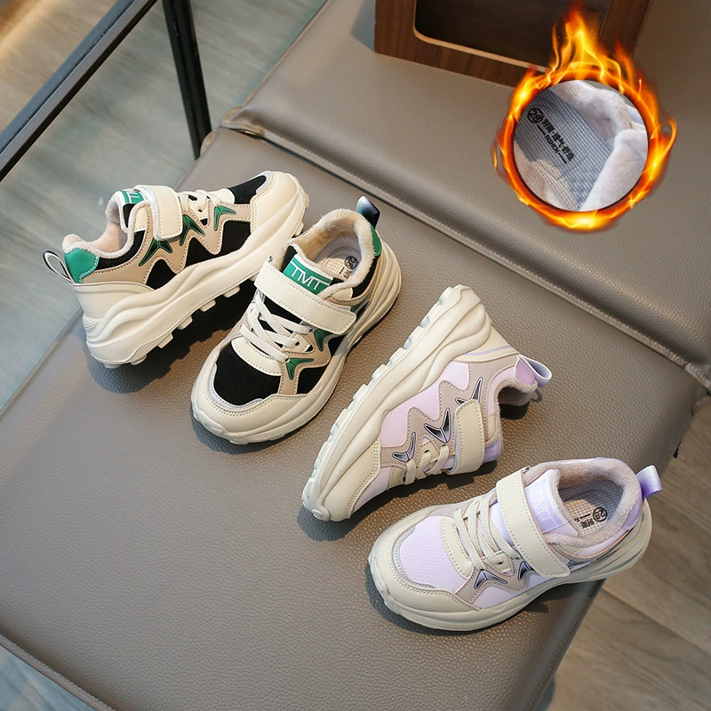 Детские кроссовки на флисовой подкладке со средним верхом и цветными блоками в западном стиле, зима 2023, новые удобные кроссовки с мягкой подошвой для мальчиков и девочек