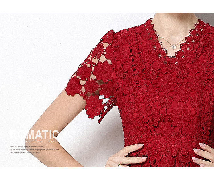 Đầm maxi nữ cổ V ren thắt eo tay ngắn họa tiết rỗng — màu đen, Rượu vang đỏ, màu hồng đậm, màu trắng chi tiết 43