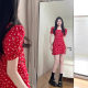 Platycodon Grandiflorum French-style Red Floral Square Collar dress Women's Summer Sweet Salt Puff Sleeve Short Hot Girl Skirt