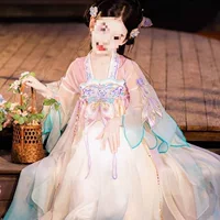 Весенняя коллекция Mengdie Girls' Hanfu 2024. Детское сказочное платье с длинными рукавами в традиционном стиле с кроличьим мехом на весну и лето.
