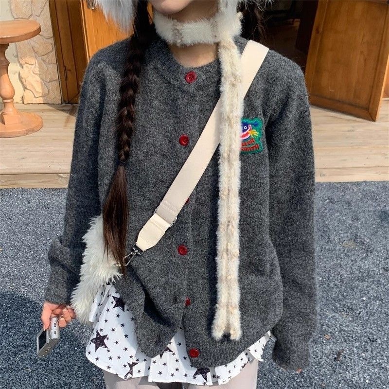 美式个性刺绣个图案圆领长袖针织开衫男女宽松休闲百搭潮ins毛衣|undefined