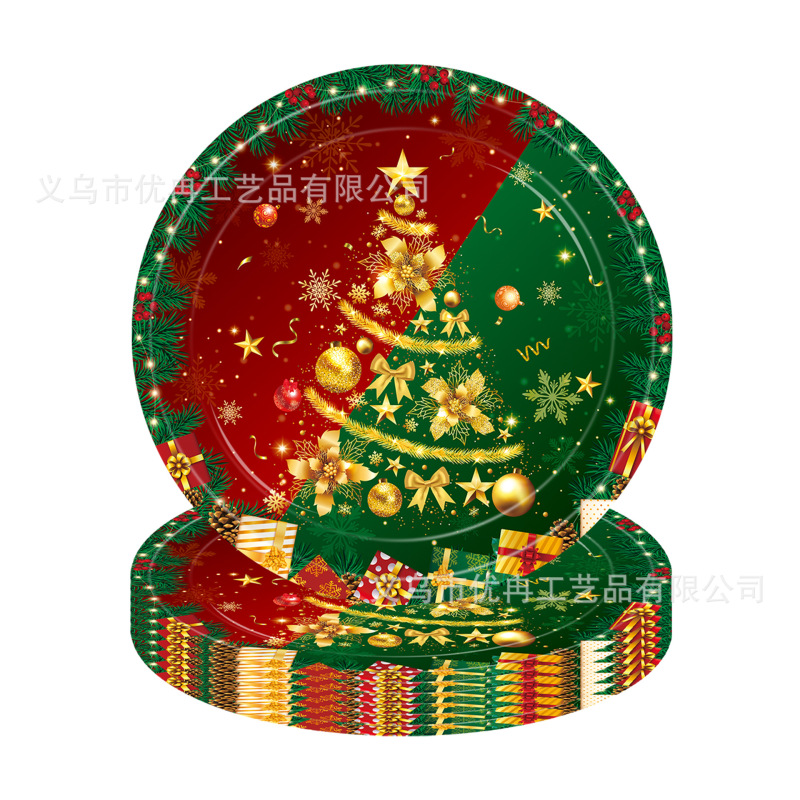 圣诞节金色红绿麋鹿主题一次性纸盘桌布纸巾派对套装装饰布置用品|undefined