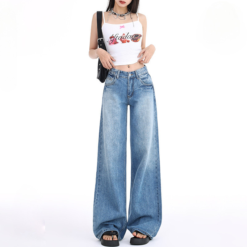 Retro Blue Low-Waist Jeans for Women 2025 New Spring Style Straight Slim Fit Loose Floor-Length Drapedy Wide-Leg Pants