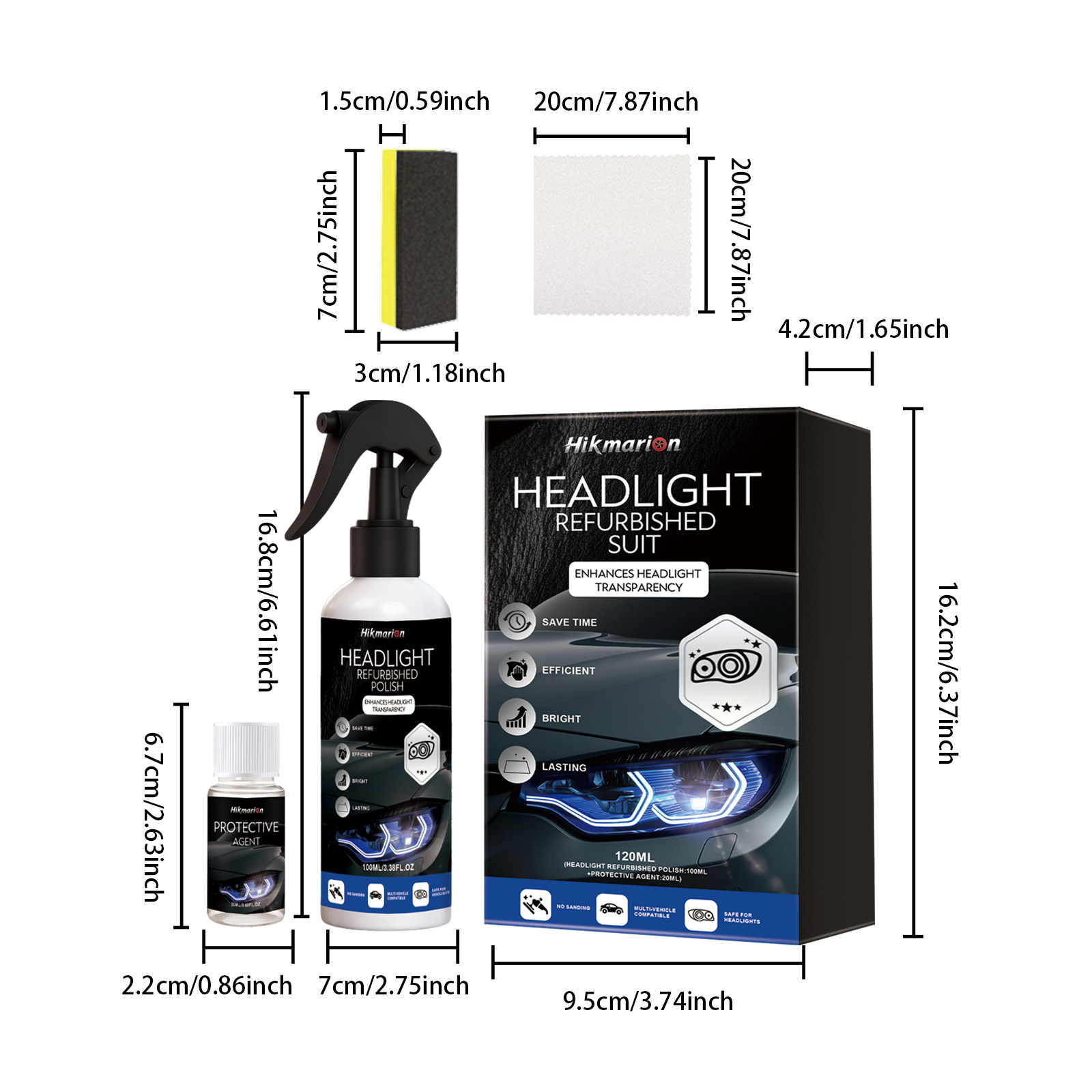 Hikmarion Headlight Refurbishment Kit - Daily Refurbishment, Cleaning, Decontamination, and Brightening Care Agent for Car Headlights
