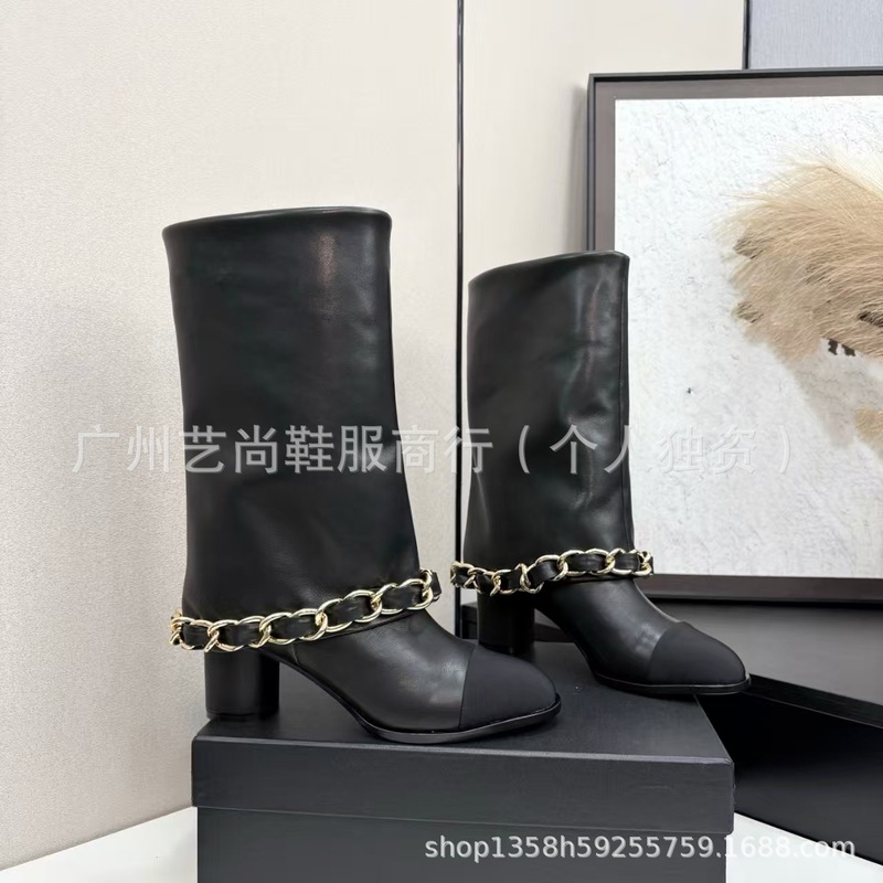 高版2025秋冬小香风真皮圆头拼色金属链条粗高跟中筒骑士靴裤靴女|undefined